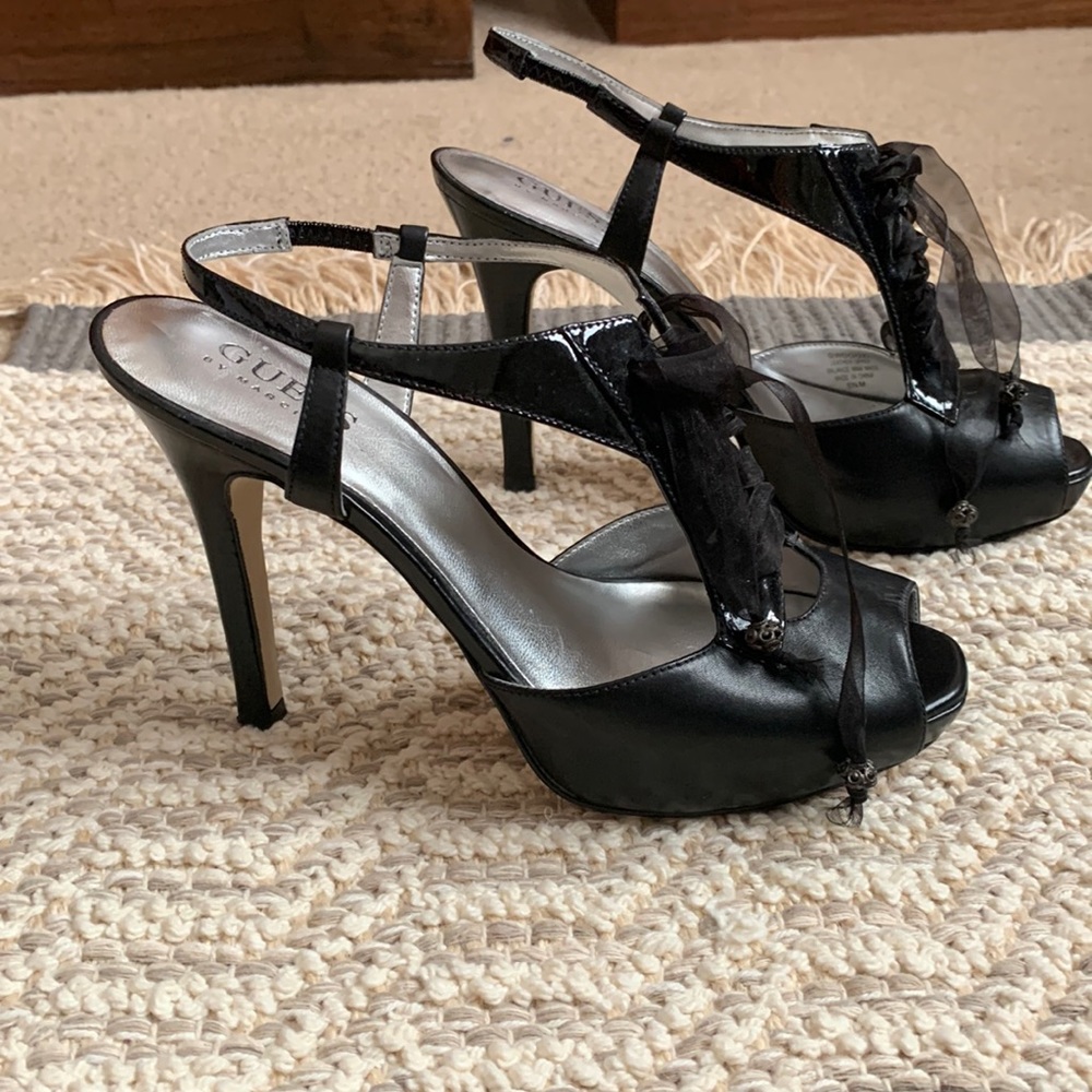 Guess lace black platform open tie strapped heels